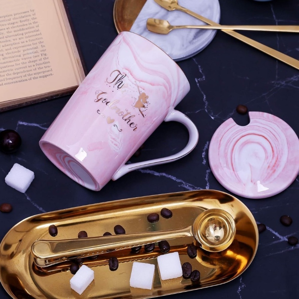 Chic Pink Marble Godmother Mug with Gold Spoon - Picture 5 of 5